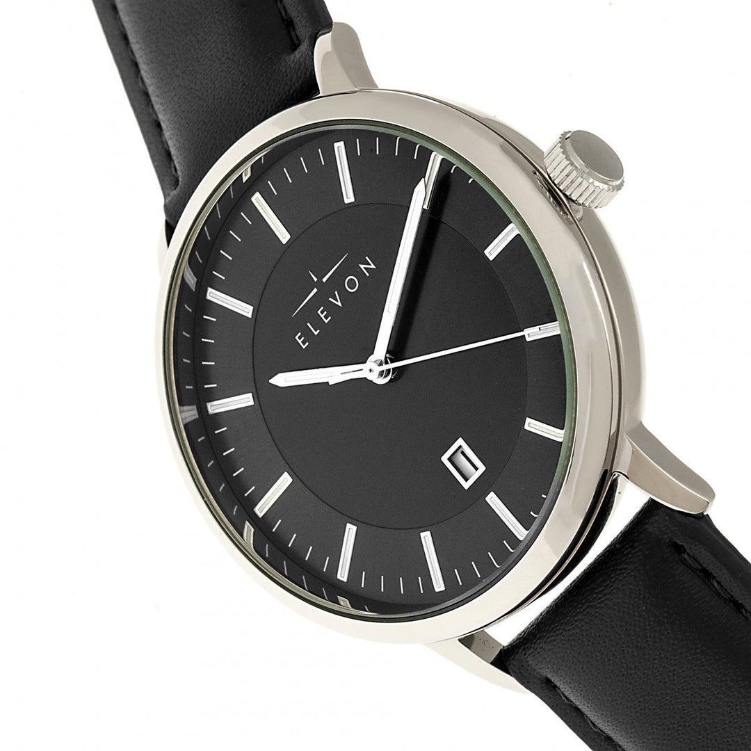 Elevon Vin Leather-Band Watch w/Date - Silver/Black