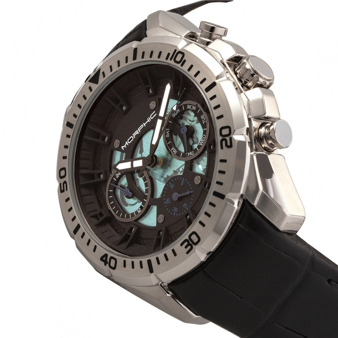 Morphic M66 Series Skeleton Dial Leather-Band Watch w/ Day/Date