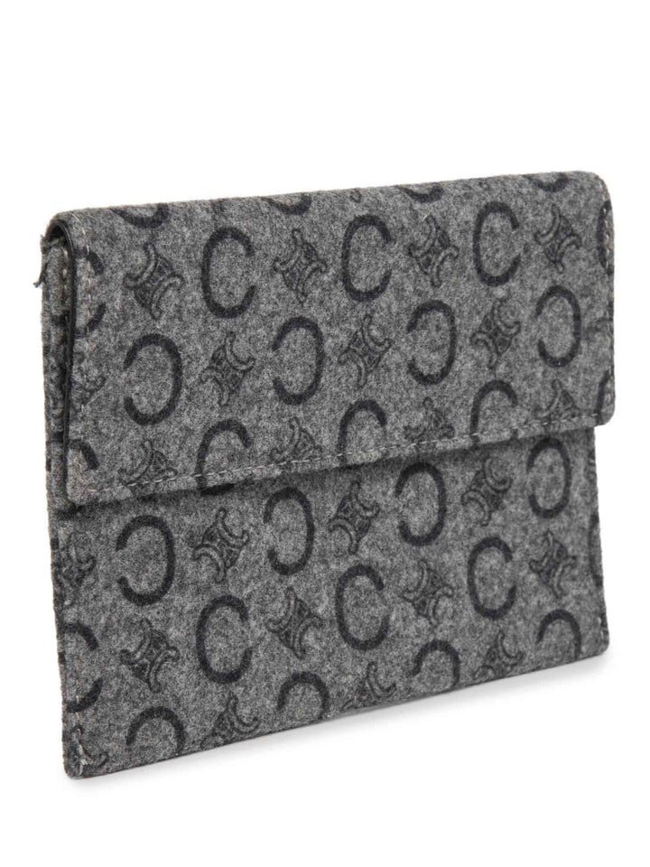 Celine C Logo Monogram Wool Leather Credit Card Wallet Passport Case Grey