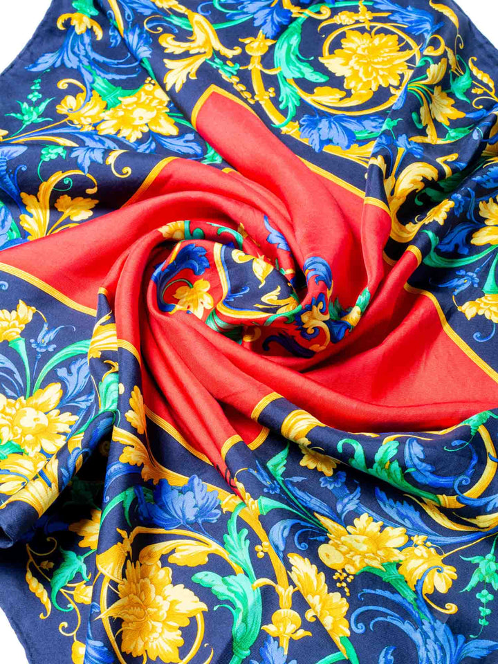 Celine Silk Logo Floral Scarf Red Blue