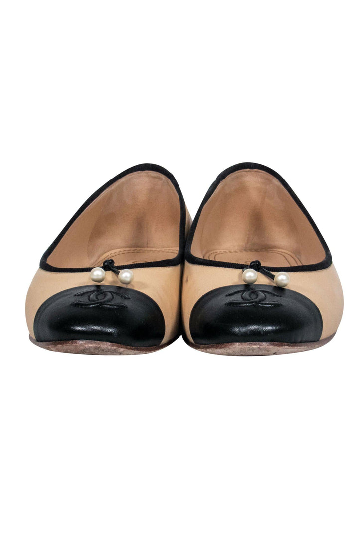 Top Quality Chanel - Beige Ballerina Flats w/ Pearl Embellishments Sz 10.5