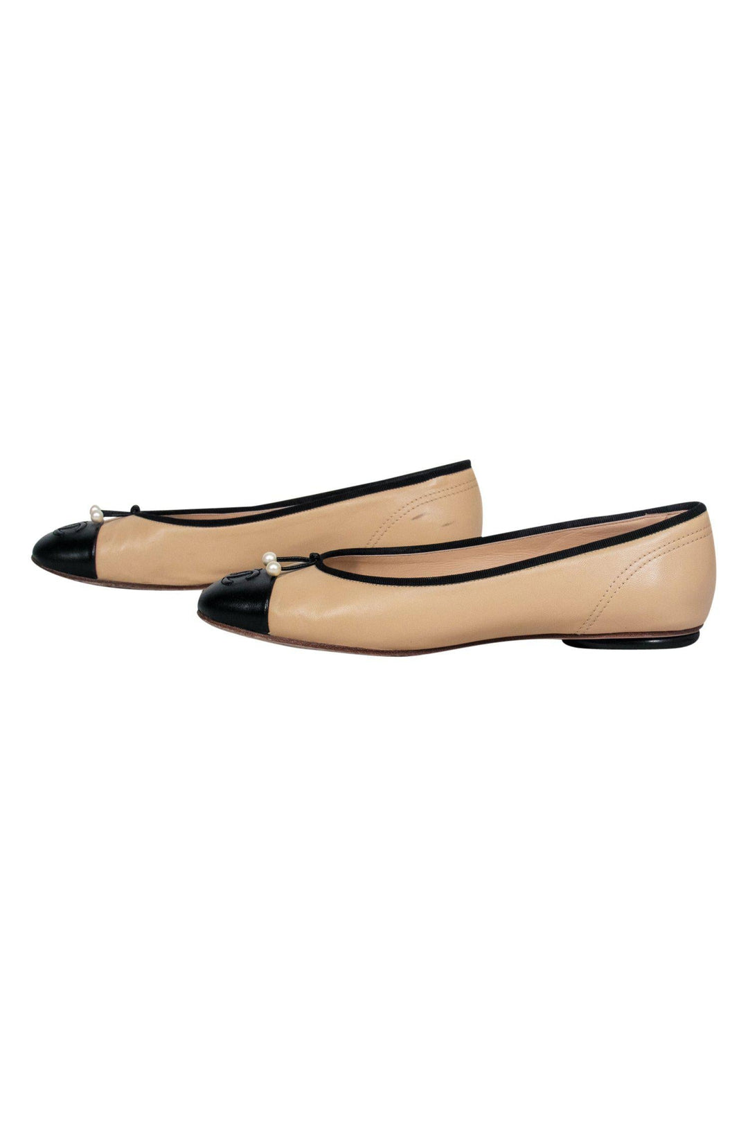 Top Quality Chanel - Beige Ballerina Flats w/ Pearl Embellishments Sz 10.5