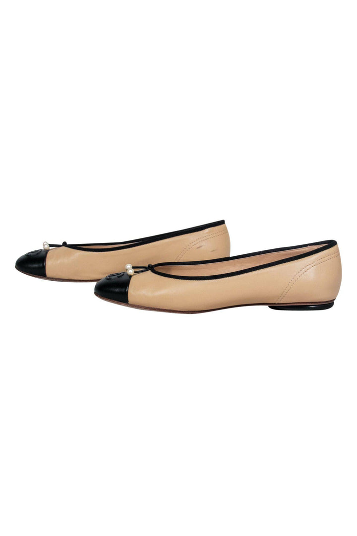 Top Quality Chanel - Beige Ballerina Flats w/ Pearl Embellishments Sz 10.5