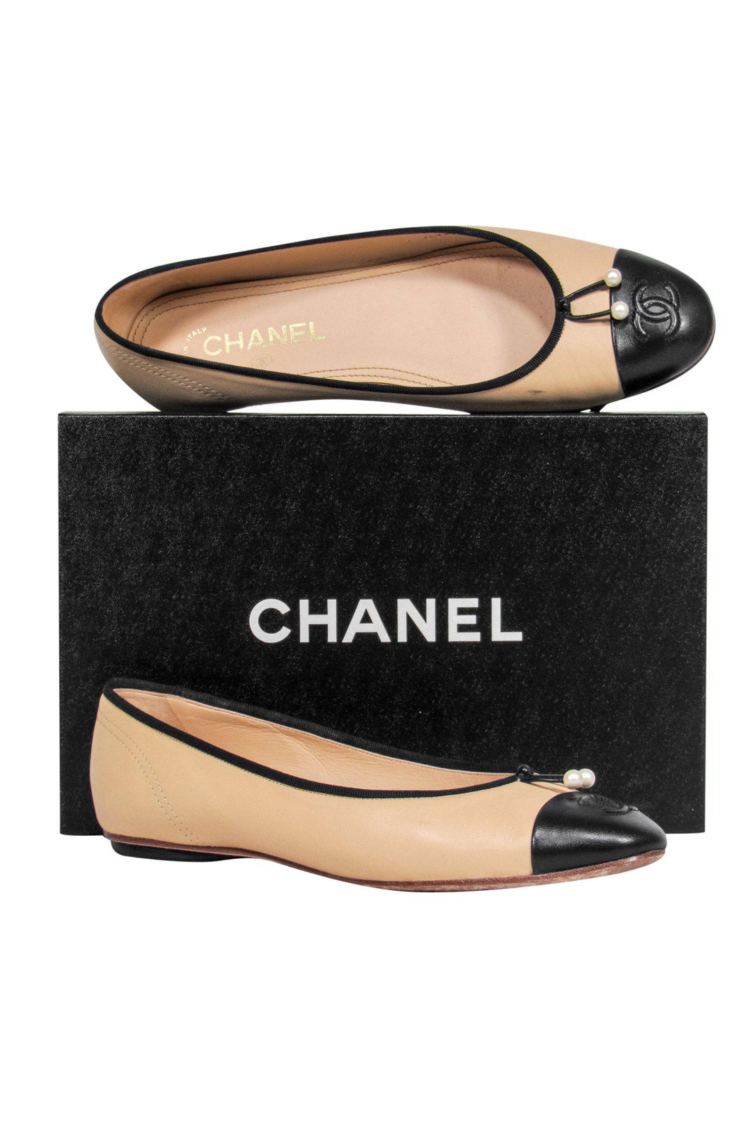Top Quality Chanel - Beige Ballerina Flats w/ Pearl Embellishments Sz 10.5