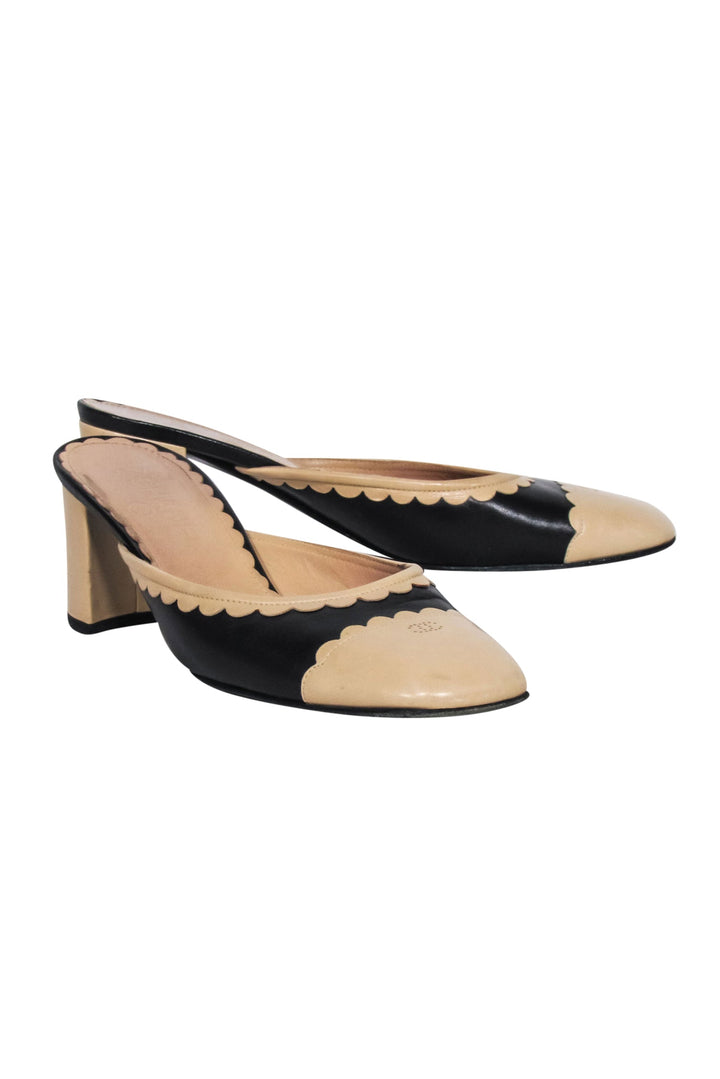 Top Quality Chanel - Beige & Black Leather Mule Pumps Sz 8