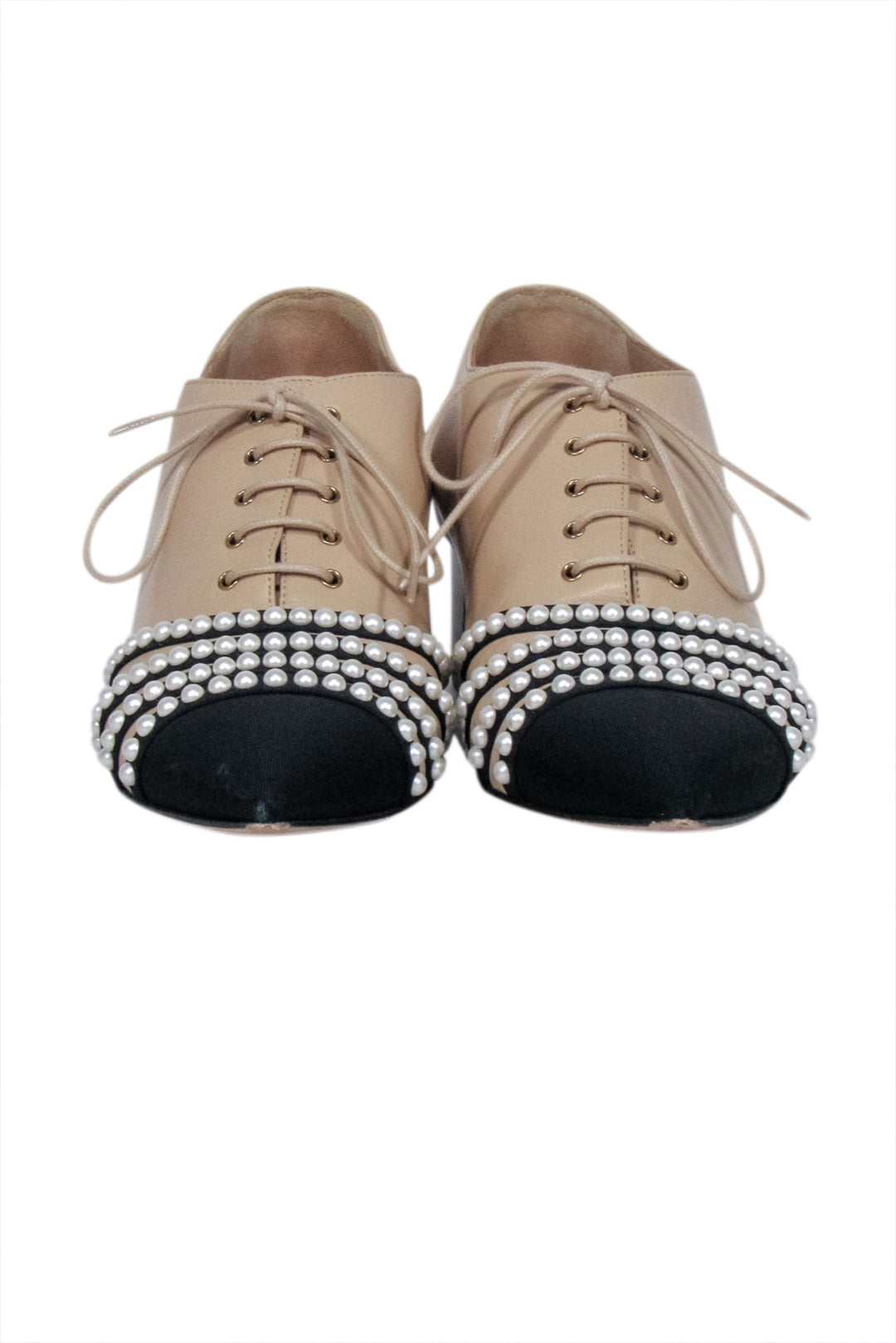 Top Quality Chanel - Beige, Black, & Pearl Low Heel Loafers Sz 9
