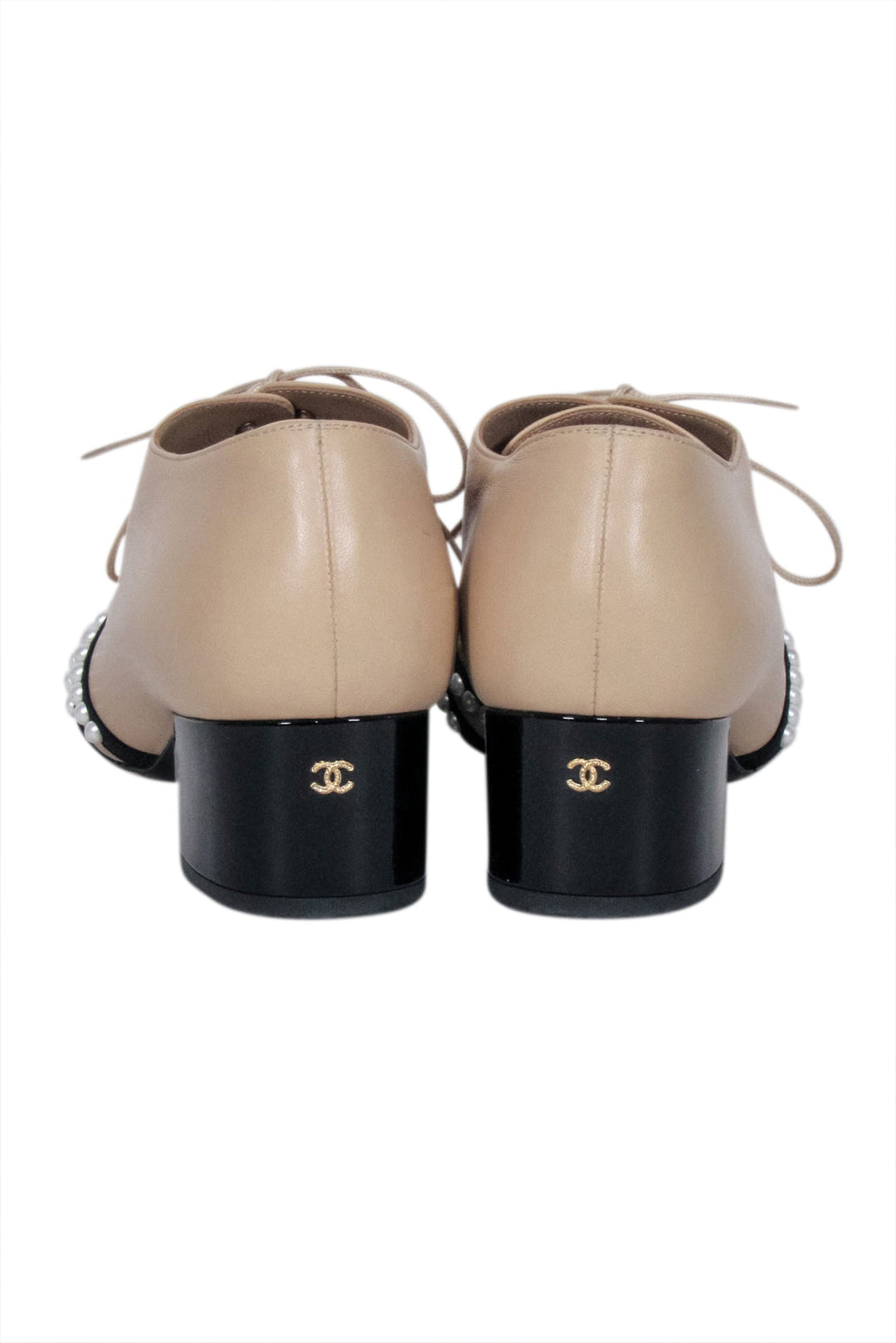 Top Quality Chanel - Beige, Black, & Pearl Low Heel Loafers Sz 9