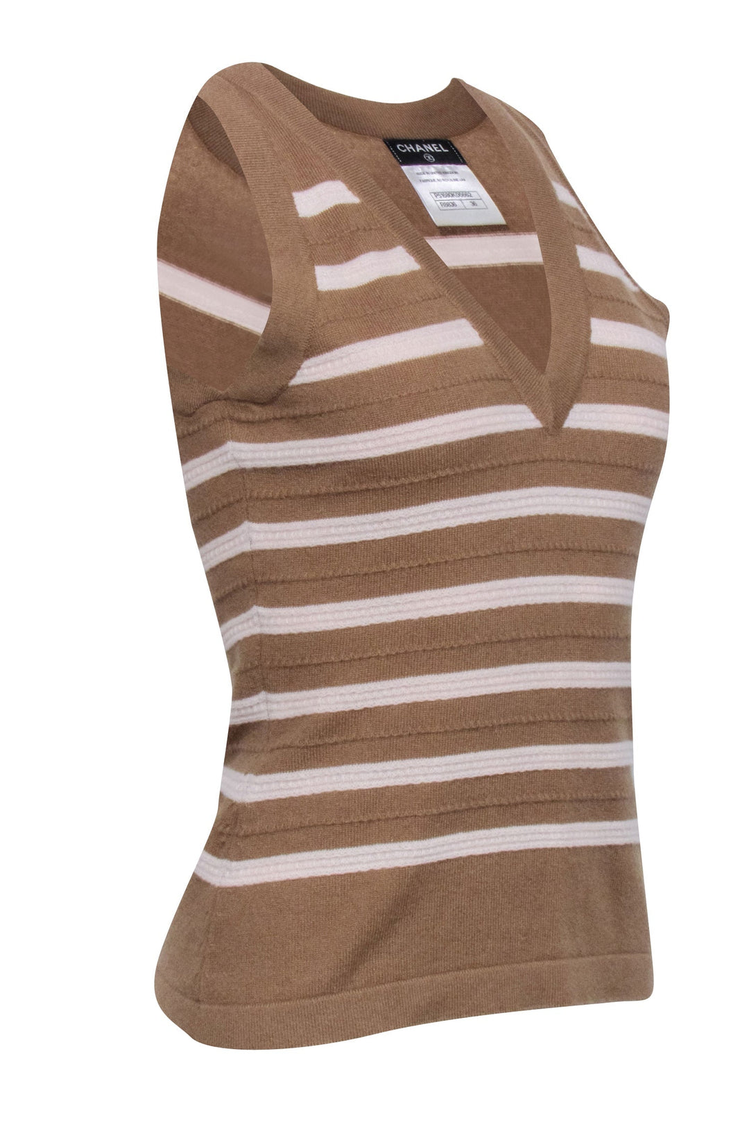 Top Quality Chanel - Beige Cashmere Knitted Top w/ Cream Stripes Sz 36