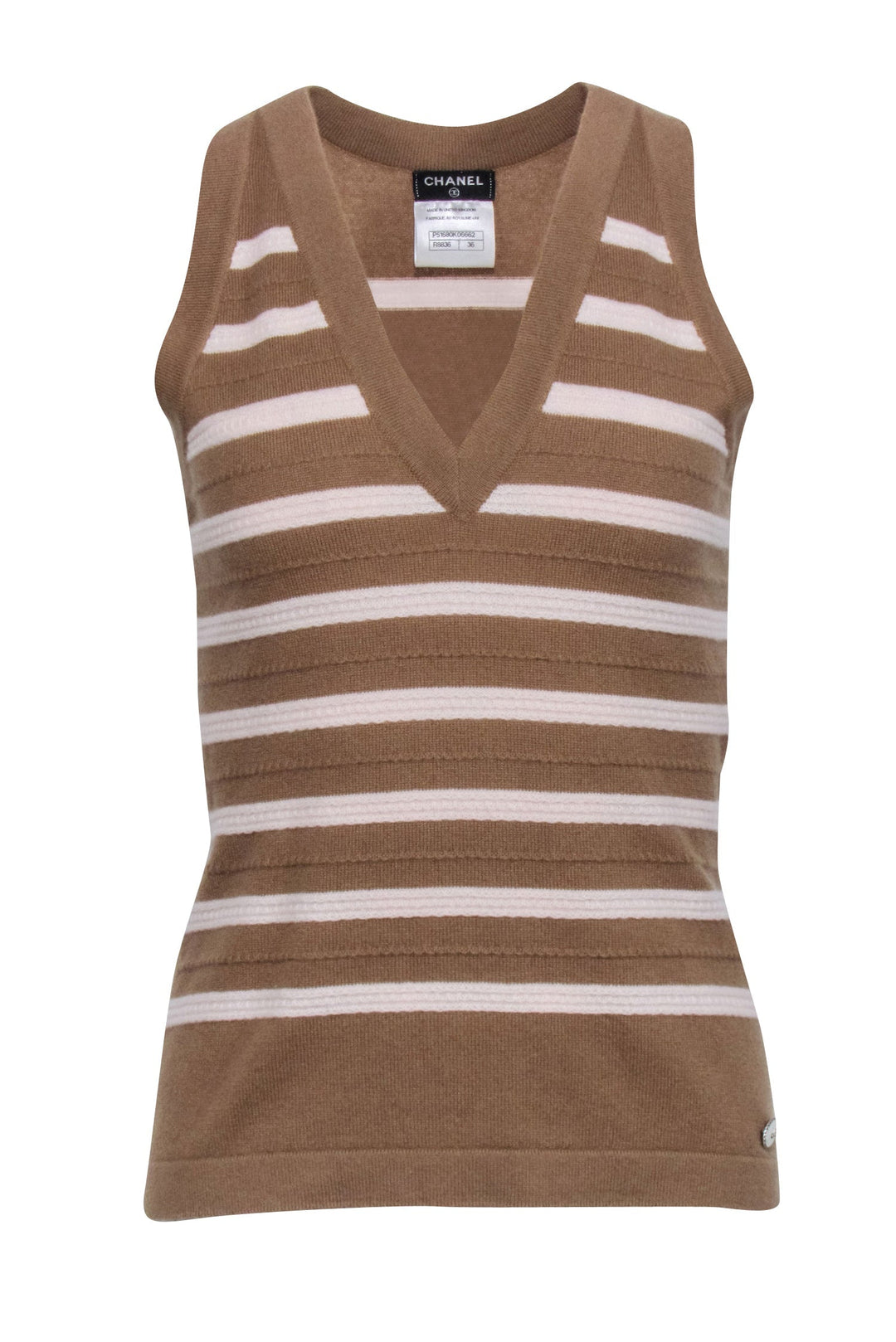 Top Quality Chanel - Beige Cashmere Knitted Top w/ Cream Stripes Sz 36