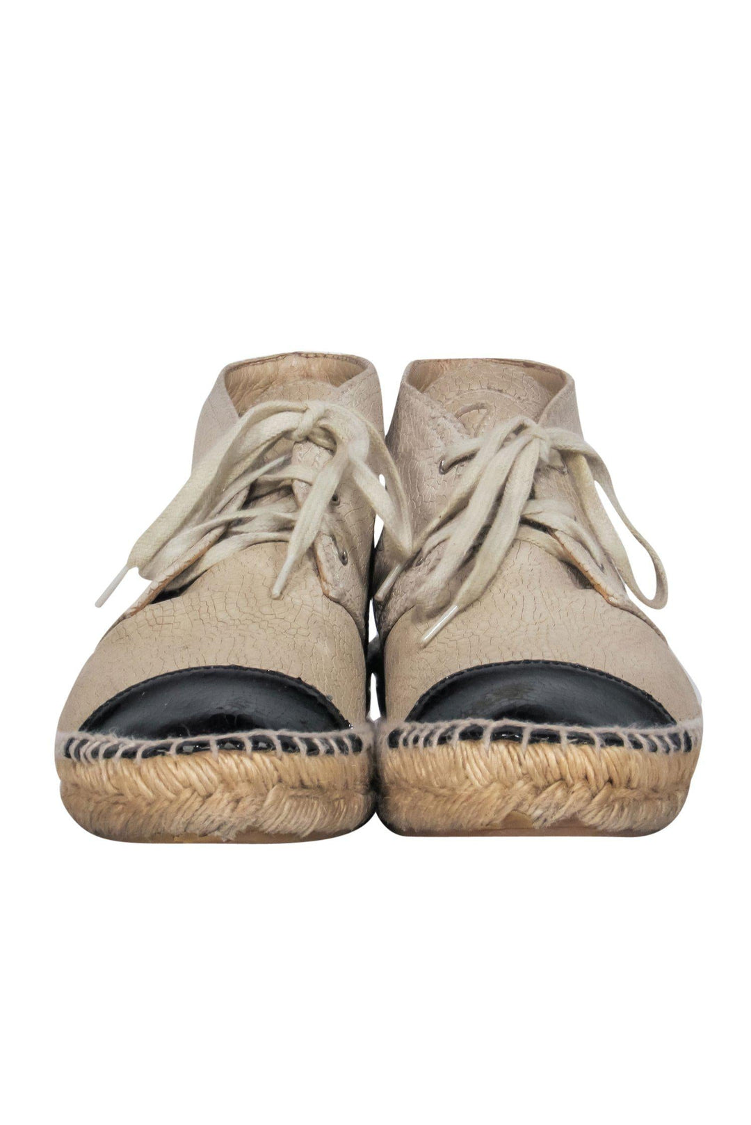 Top Quality Chanel - Beige Crackled Leather Espadrille Sneakers w/ Toe Cap Sz 6.5
