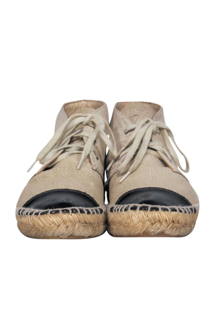 Top Quality Chanel - Beige Crackled Leather Espadrille Sneakers w/ Toe Cap Sz 6.5