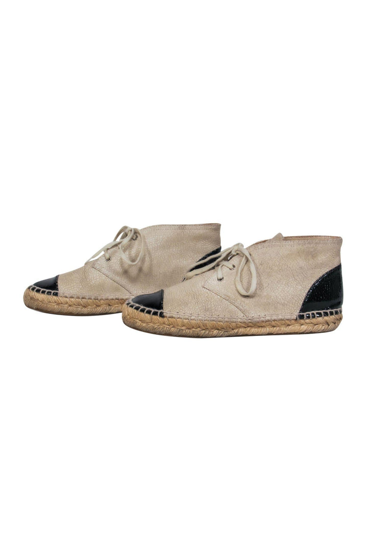 Top Quality Chanel - Beige Crackled Leather Espadrille Sneakers w/ Toe Cap Sz 6.5
