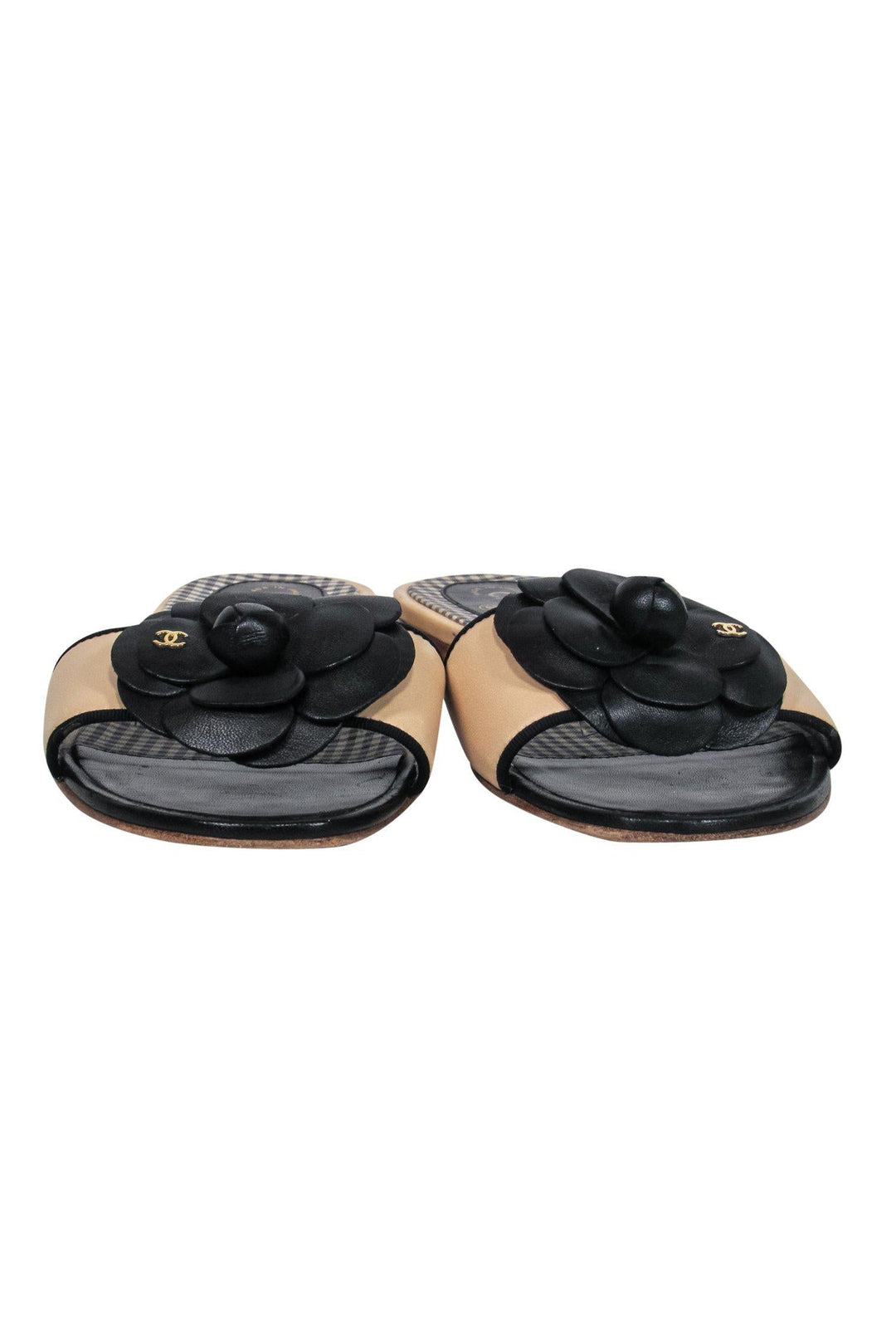 Top Quality Chanel - Beige Leather "Camilla" Slide Sandals w/ Rosette Sz 8