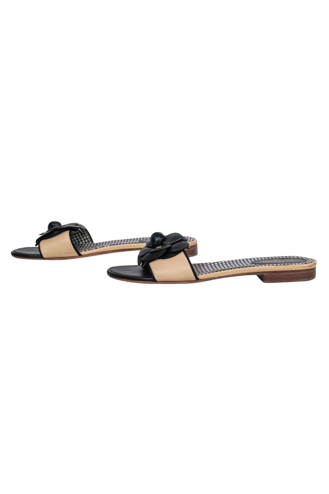 Top Quality Chanel - Beige Leather "Camilla" Slide Sandals w/ Rosette Sz 8