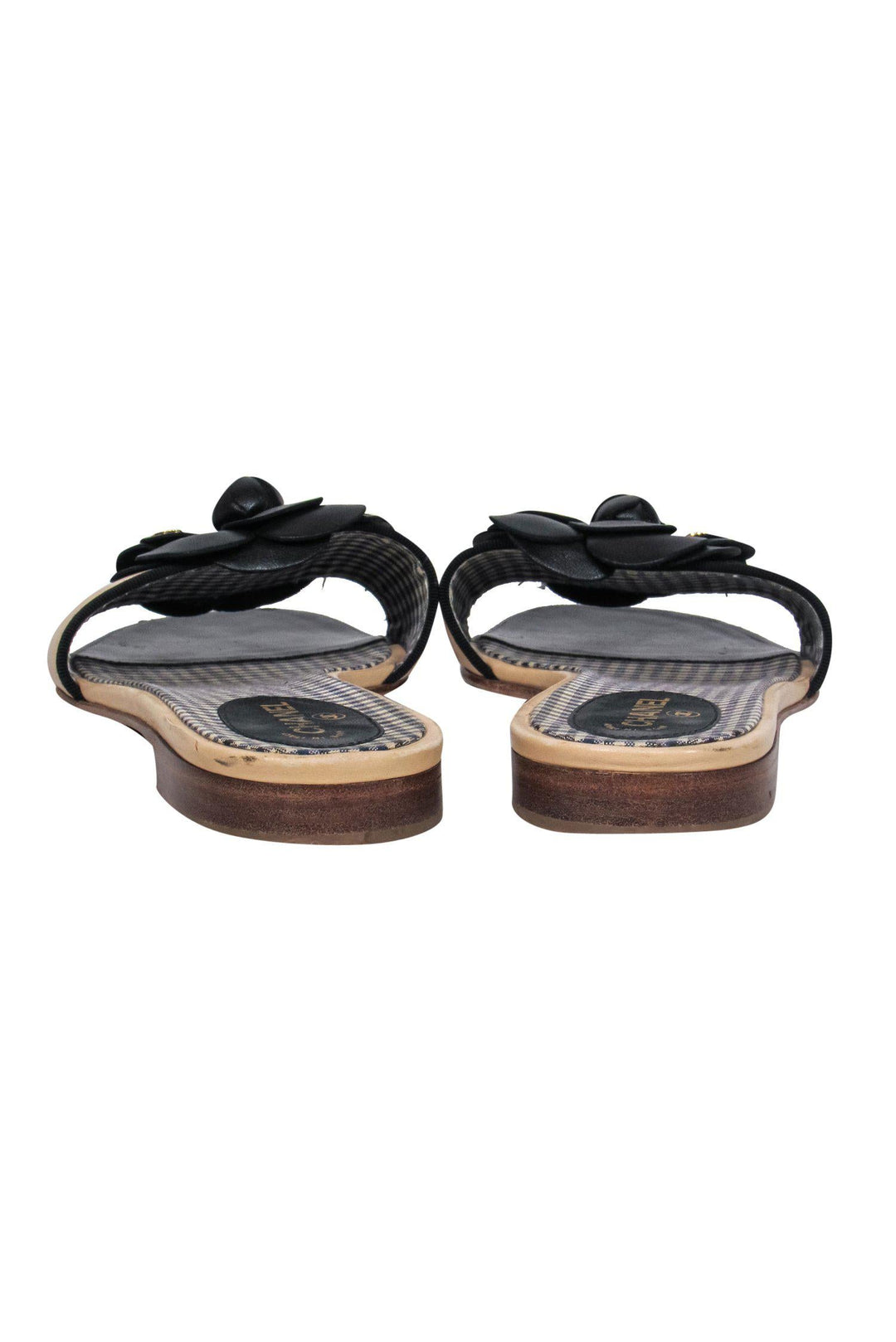 Top Quality Chanel - Beige Leather "Camilla" Slide Sandals w/ Rosette Sz 8