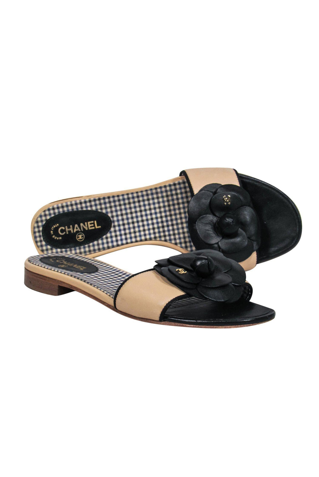 Top Quality Chanel - Beige Leather "Camilla" Slide Sandals w/ Rosette Sz 8
