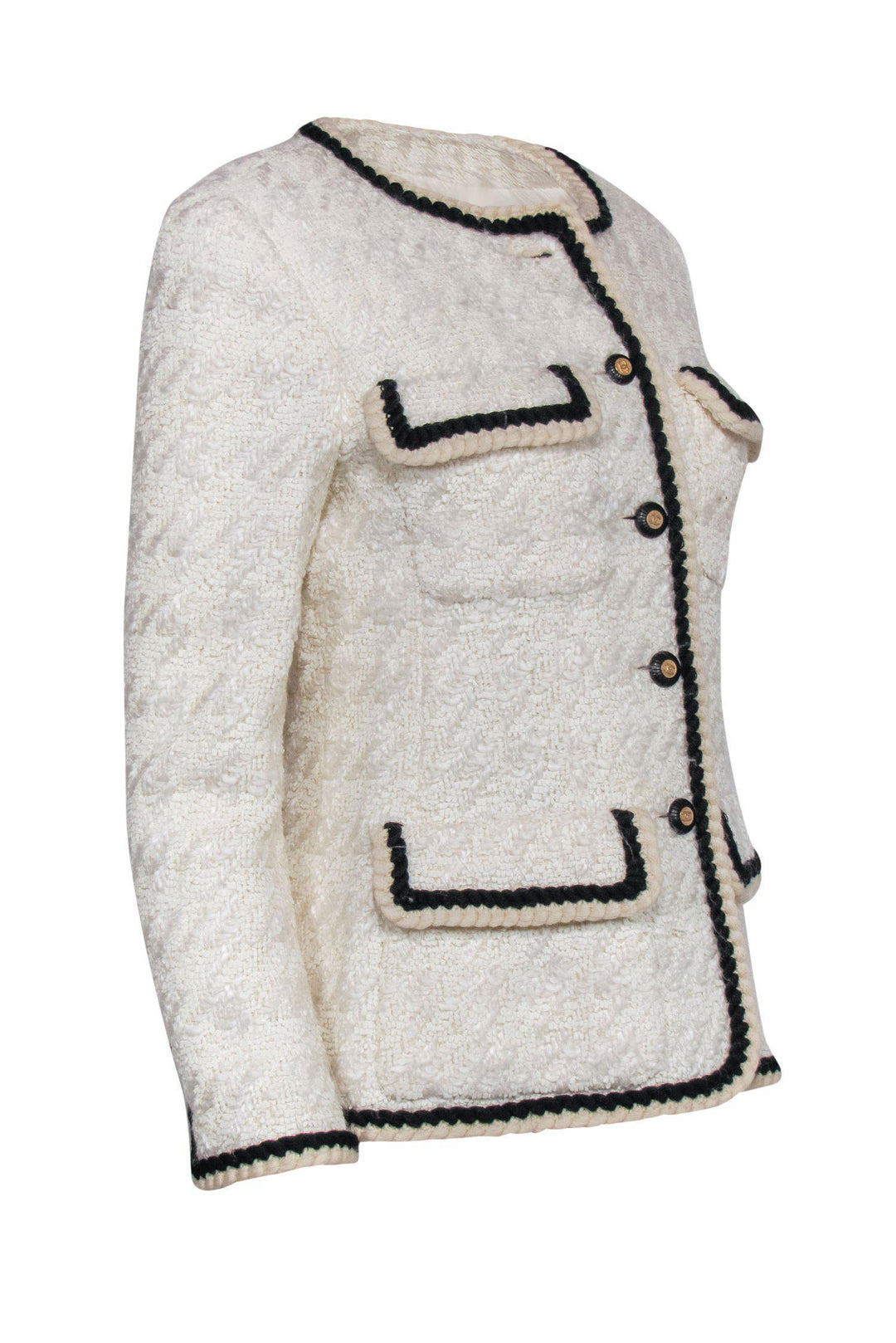 Top Quality Chanel - Beige Tweed Button-Up Jacket w/ Black Trim Sz 6