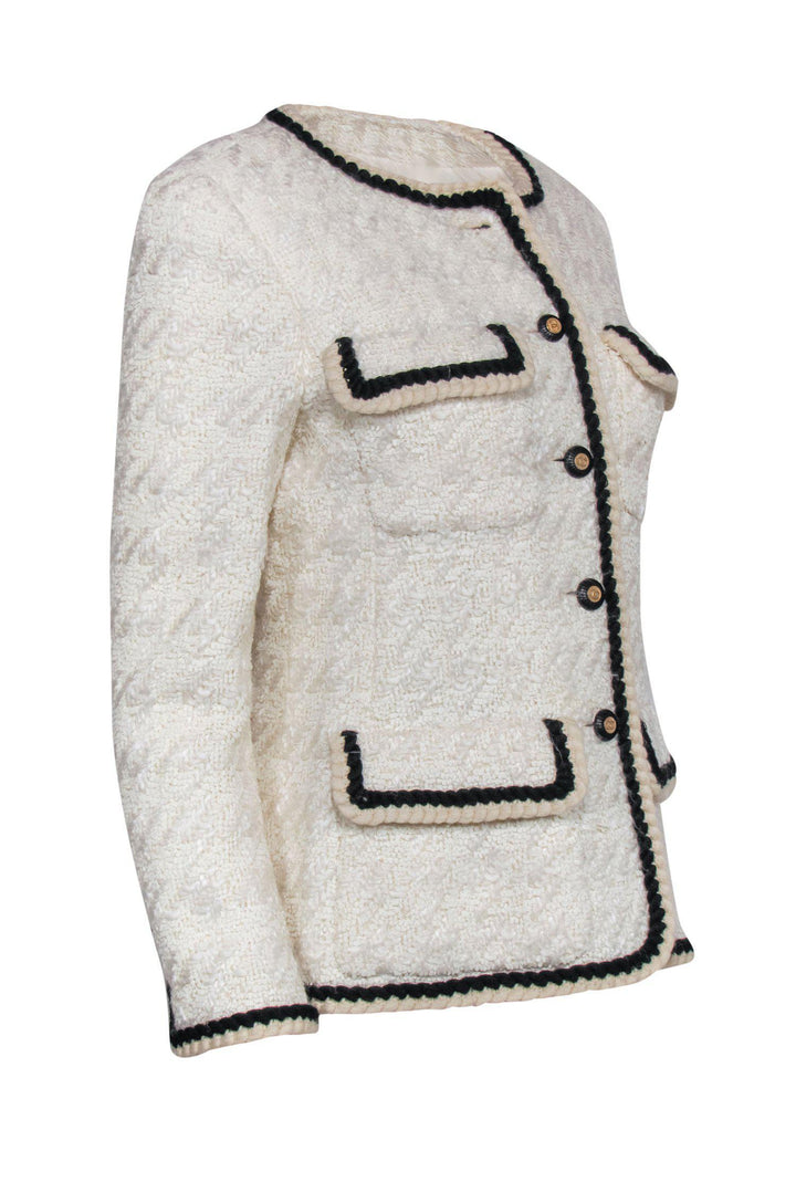 Top Quality Chanel - Beige Tweed Button-Up Jacket w/ Black Trim Sz 6