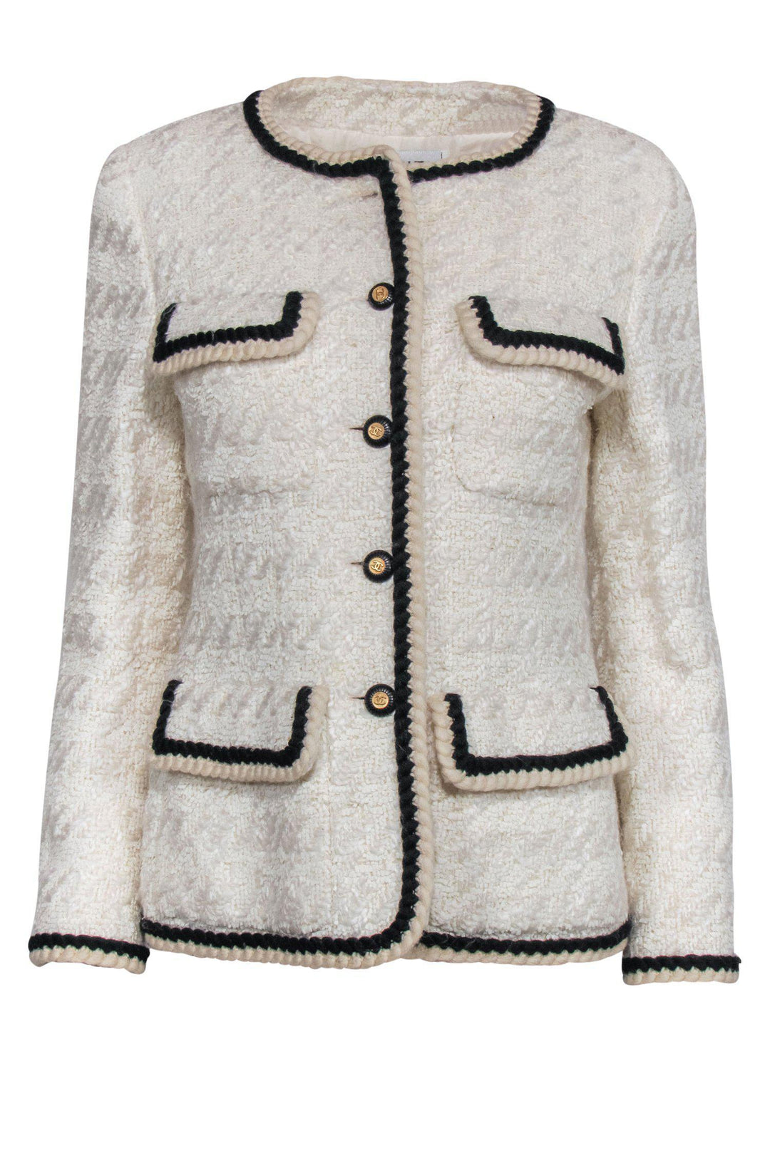 Top Quality Chanel - Beige Tweed Button-Up Jacket w/ Black Trim Sz 6