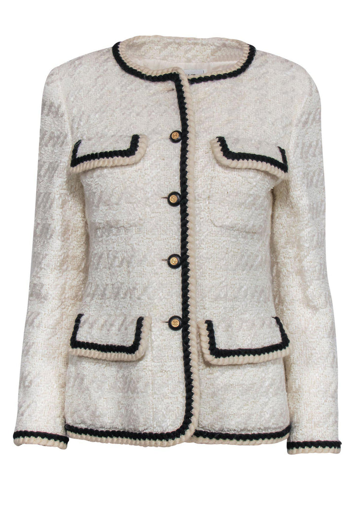 Top Quality Chanel - Beige Tweed Button-Up Jacket w/ Black Trim Sz 6