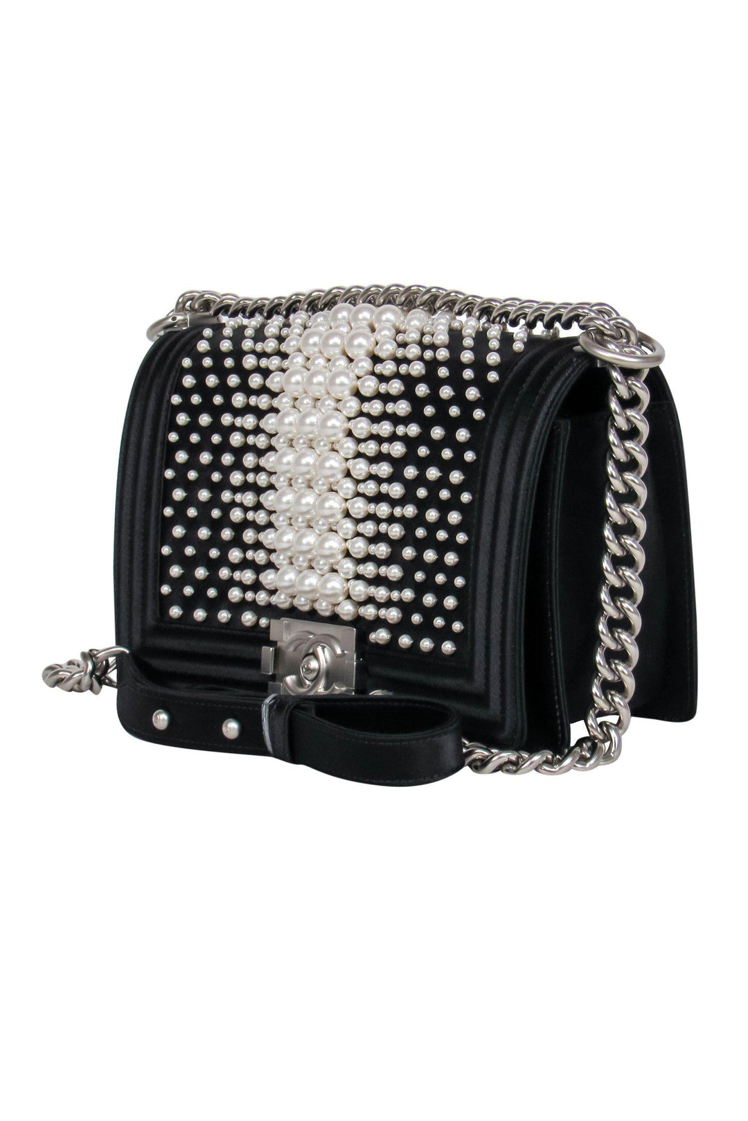 Top Quality Chanel - Black Fold Over Chain Boy Bag w/ Pearl Embellishments