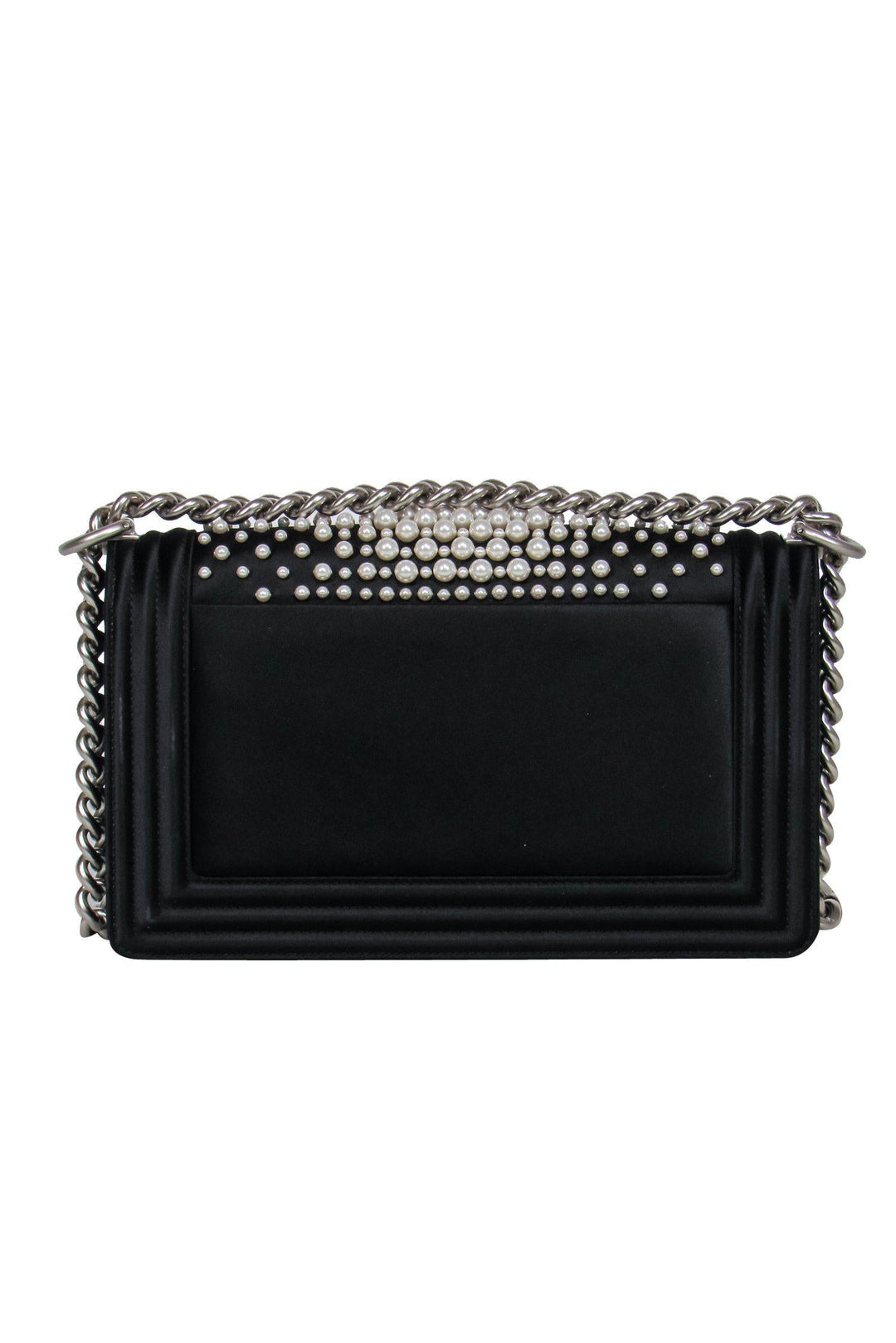 Top Quality Chanel - Black Fold Over Chain Boy Bag w/ Pearl Embellishments