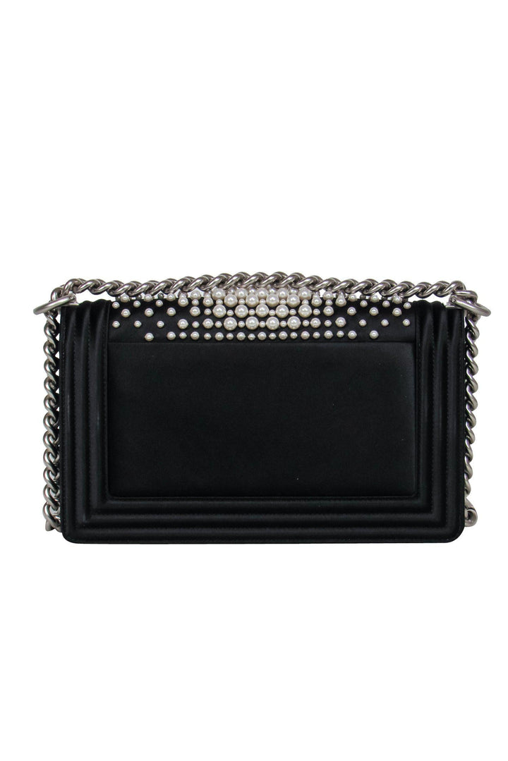 Top Quality Chanel - Black Fold Over Chain Boy Bag w/ Pearl Embellishments