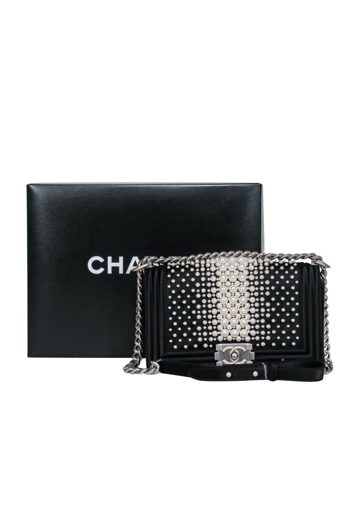 Top Quality Chanel - Black Fold Over Chain Boy Bag w/ Pearl Embellishments