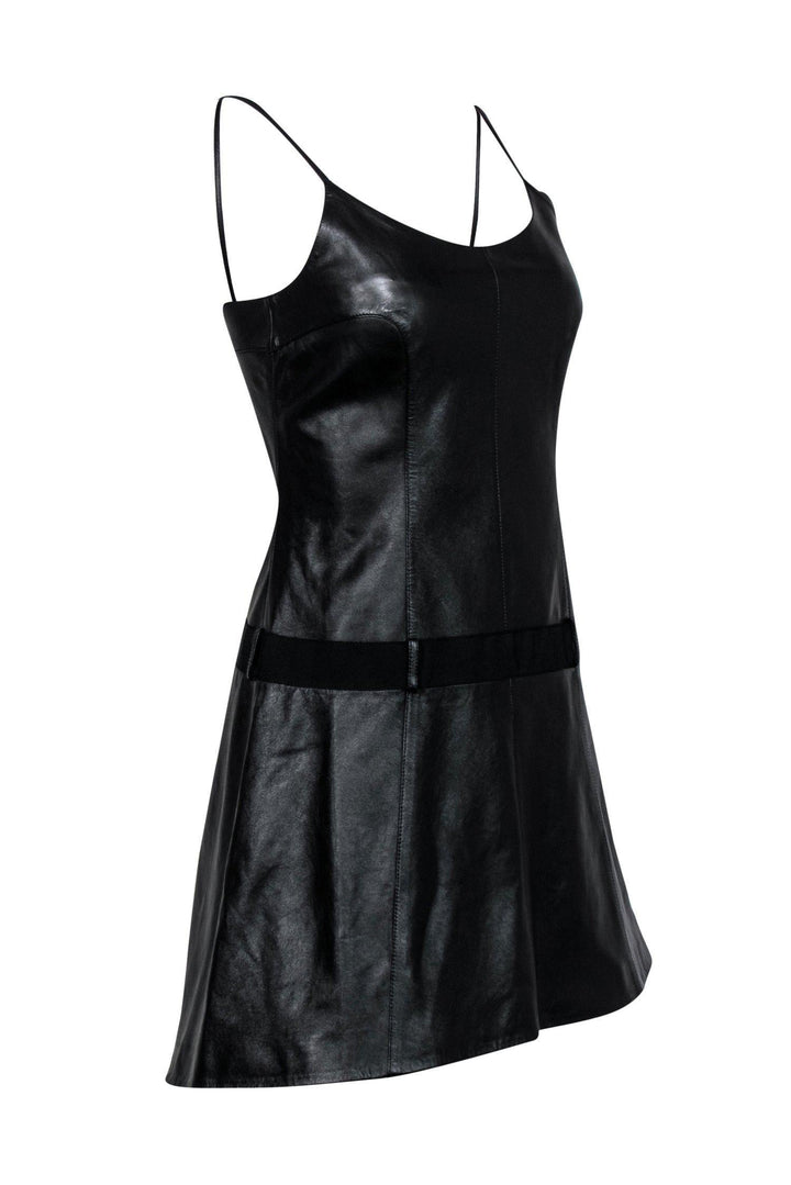 Top Quality Chanel - Black Lambskin Leather Drop-Waist Flared Dress Sz 6