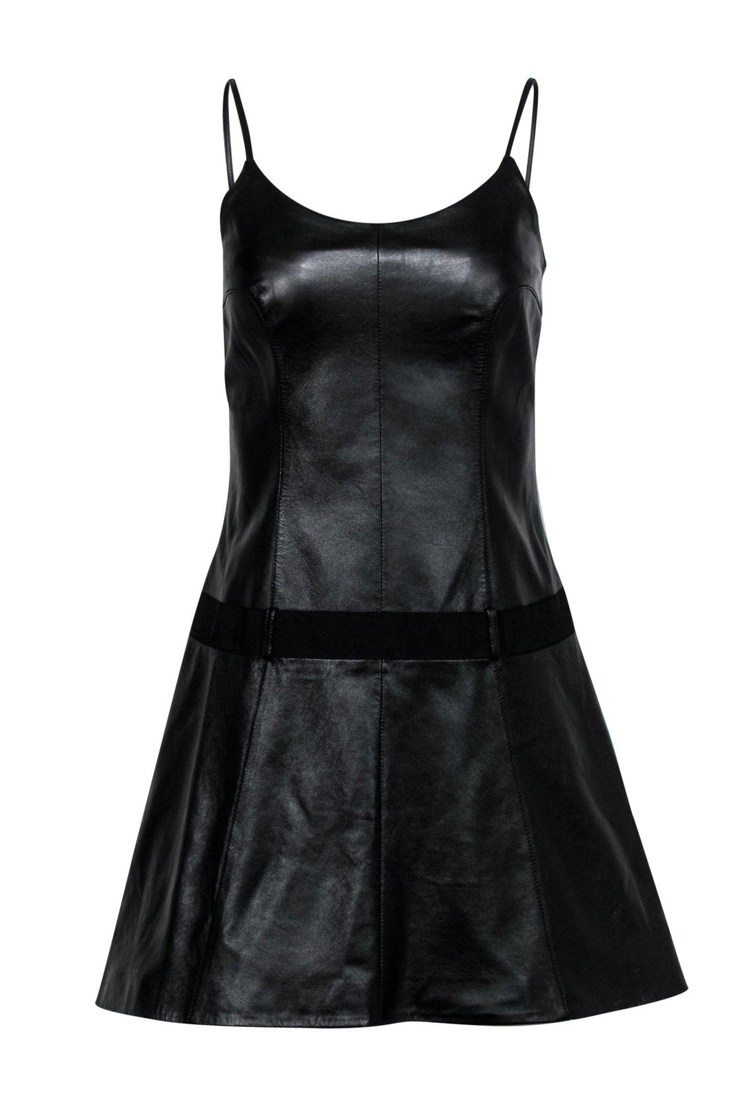 Top Quality Chanel - Black Lambskin Leather Drop-Waist Flared Dress Sz 6