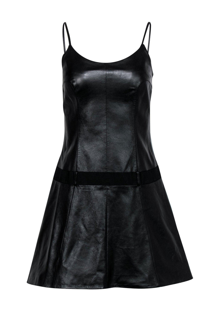 Top Quality Chanel - Black Lambskin Leather Drop-Waist Flared Dress Sz 6