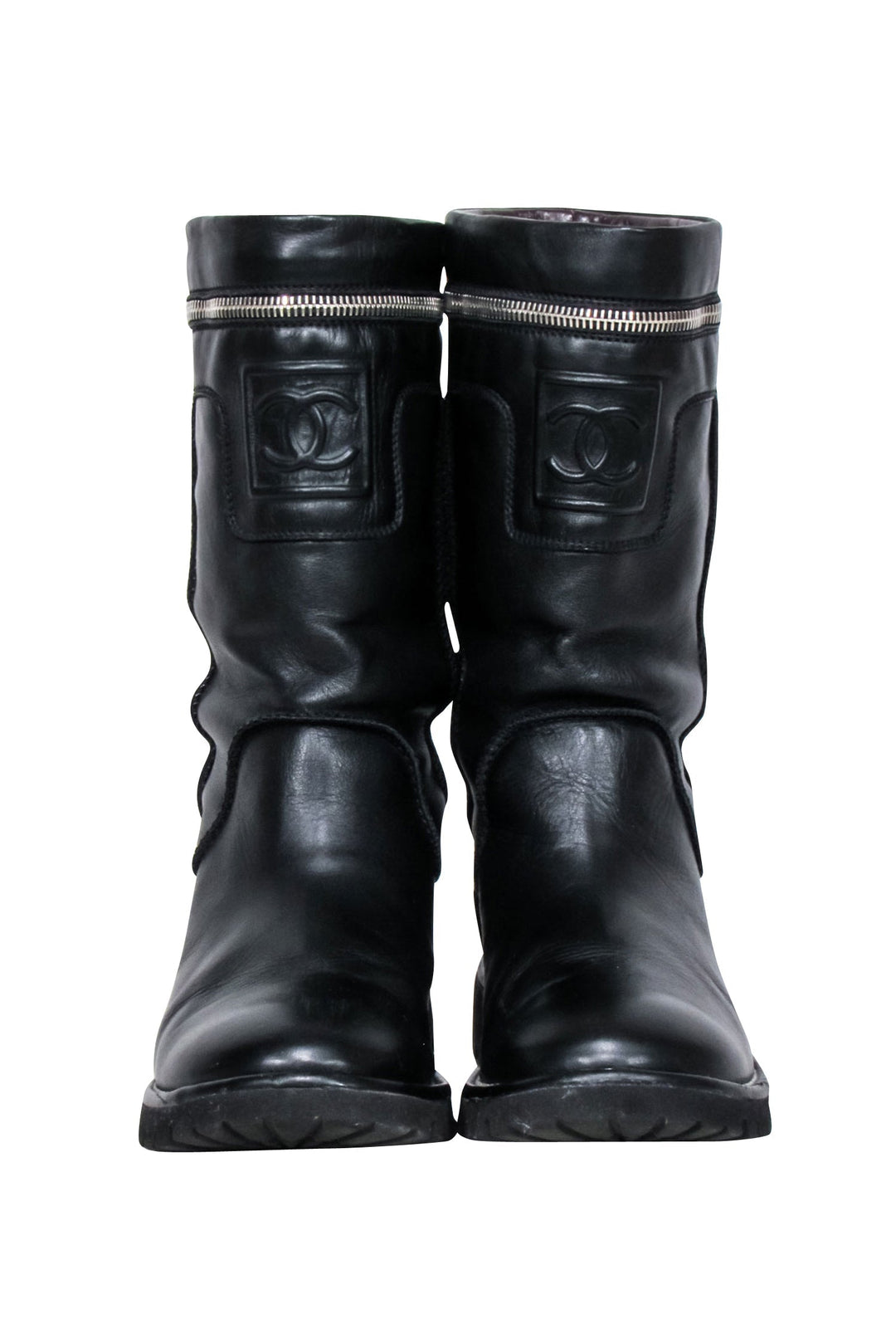Top Quality Chanel - Black Leather Mid Calf Boots Sz 7