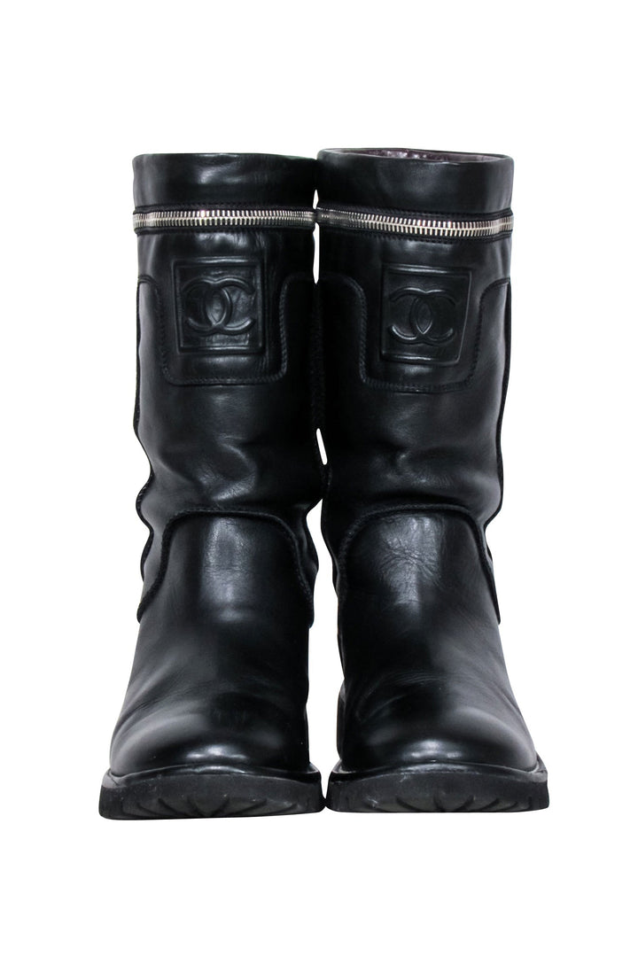 Top Quality Chanel - Black Leather Mid Calf Boots Sz 7