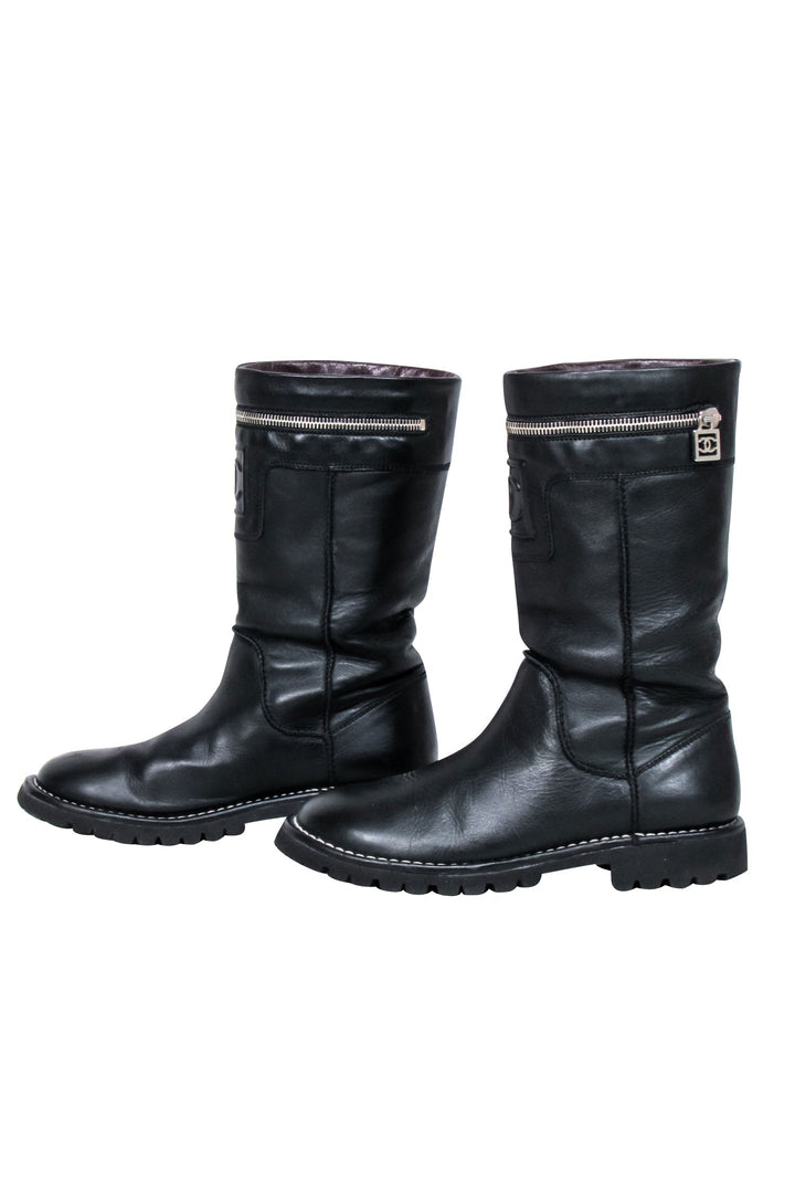 Top Quality Chanel - Black Leather Mid Calf Boots Sz 7