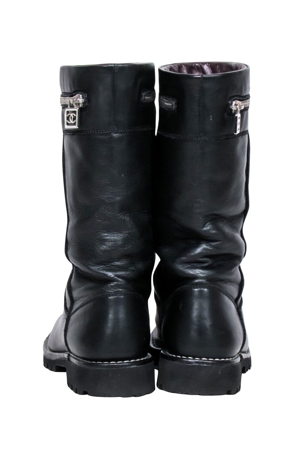 Top Quality Chanel - Black Leather Mid Calf Boots Sz 7