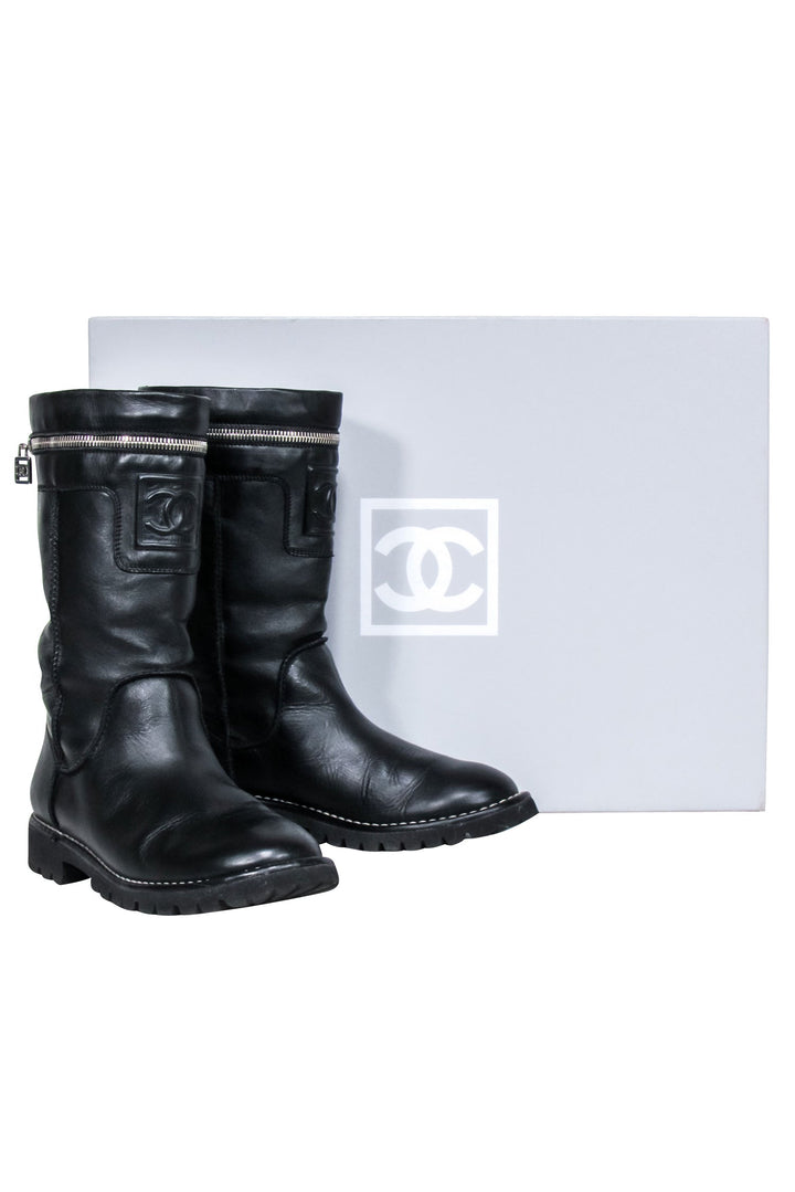 Top Quality Chanel - Black Leather Mid Calf Boots Sz 7