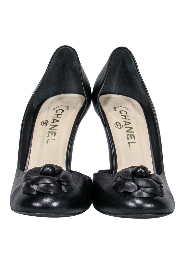 Top Quality Chanel - Black Leather Pumps w/ Rosette Sz 12