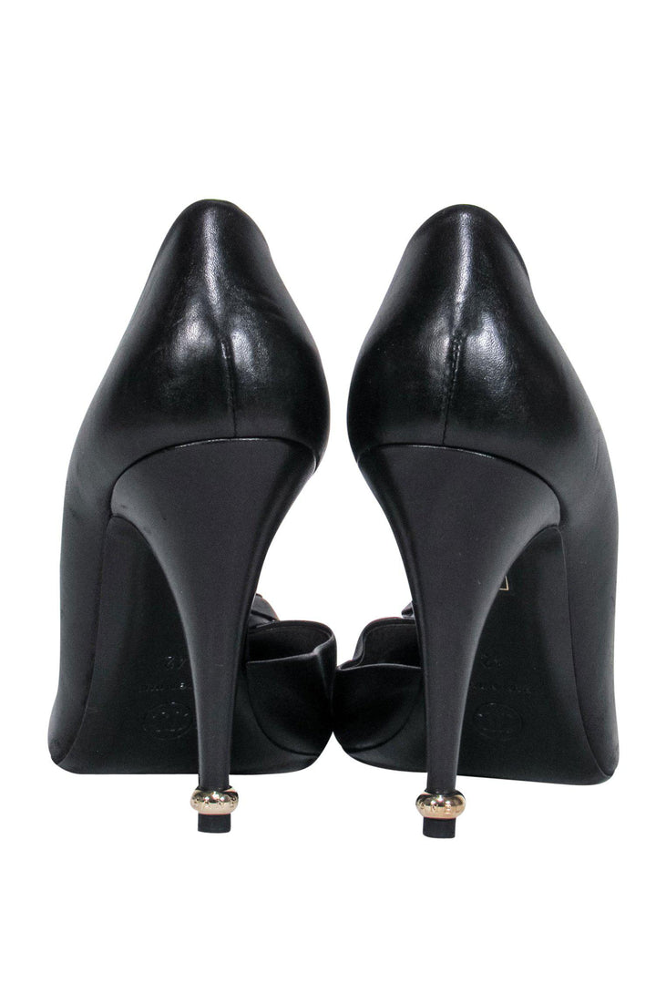 Top Quality Chanel - Black Leather Pumps w/ Rosette Sz 12