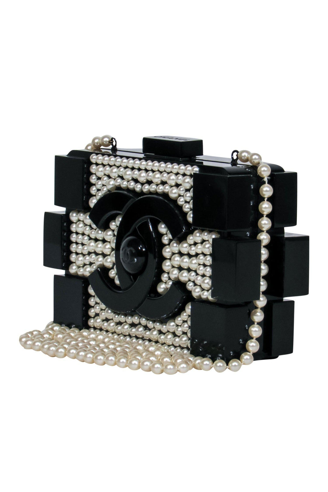 Top Quality Chanel - Black Lucite Structured Lego "Minaudiere" Crossbody w/ Pearl Embellishments
