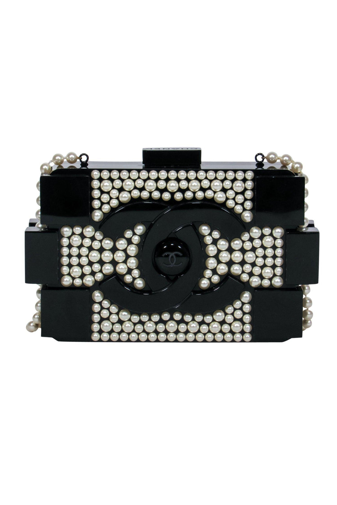 Top Quality Chanel - Black Lucite Structured Lego "Minaudiere" Crossbody w/ Pearl Embellishments