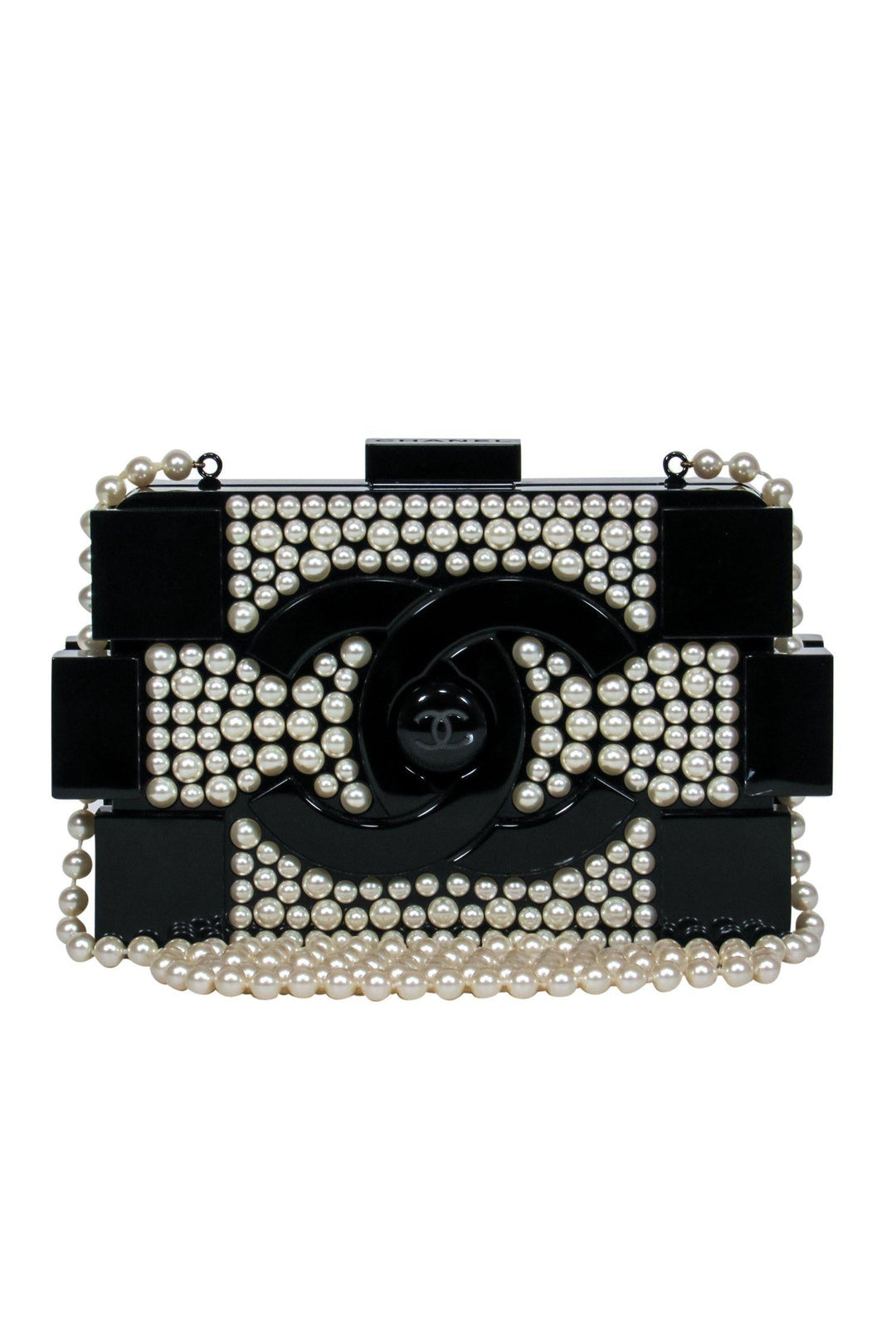 Top Quality Chanel - Black Lucite Structured Lego "Minaudiere" Crossbody w/ Pearl Embellishments