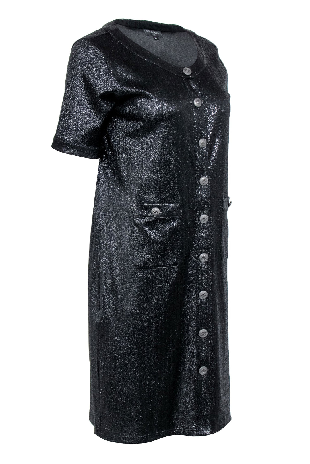 Top Quality Chanel - Black Metallic Button Front Shirt Dress Sz 8