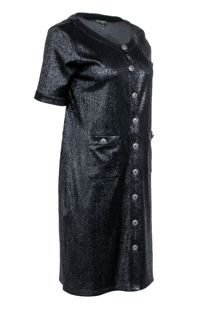 Top Quality Chanel - Black Metallic Button Front Shirt Dress Sz 8