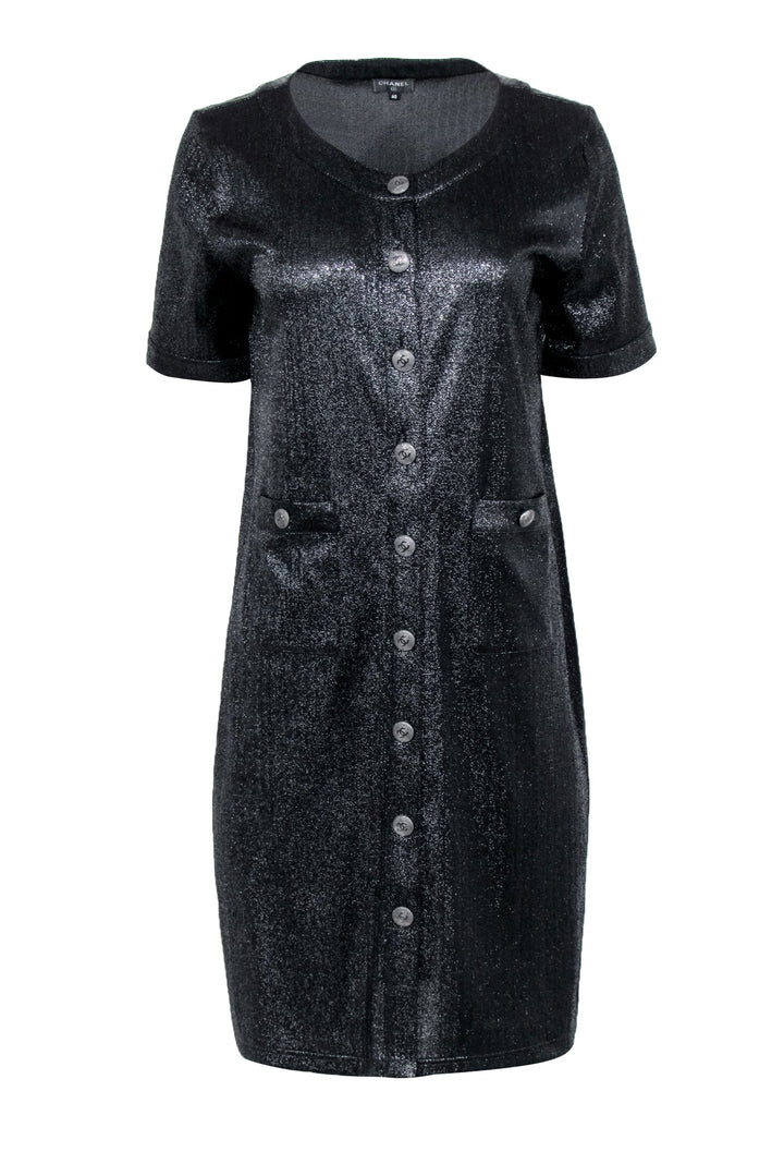 Top Quality Chanel - Black Metallic Button Front Shirt Dress Sz 8