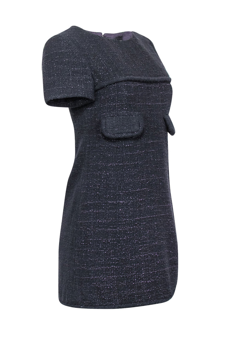 Top Quality Chanel - Black & Metallic Purple Tweed Short Sleeve Dress Sz 4