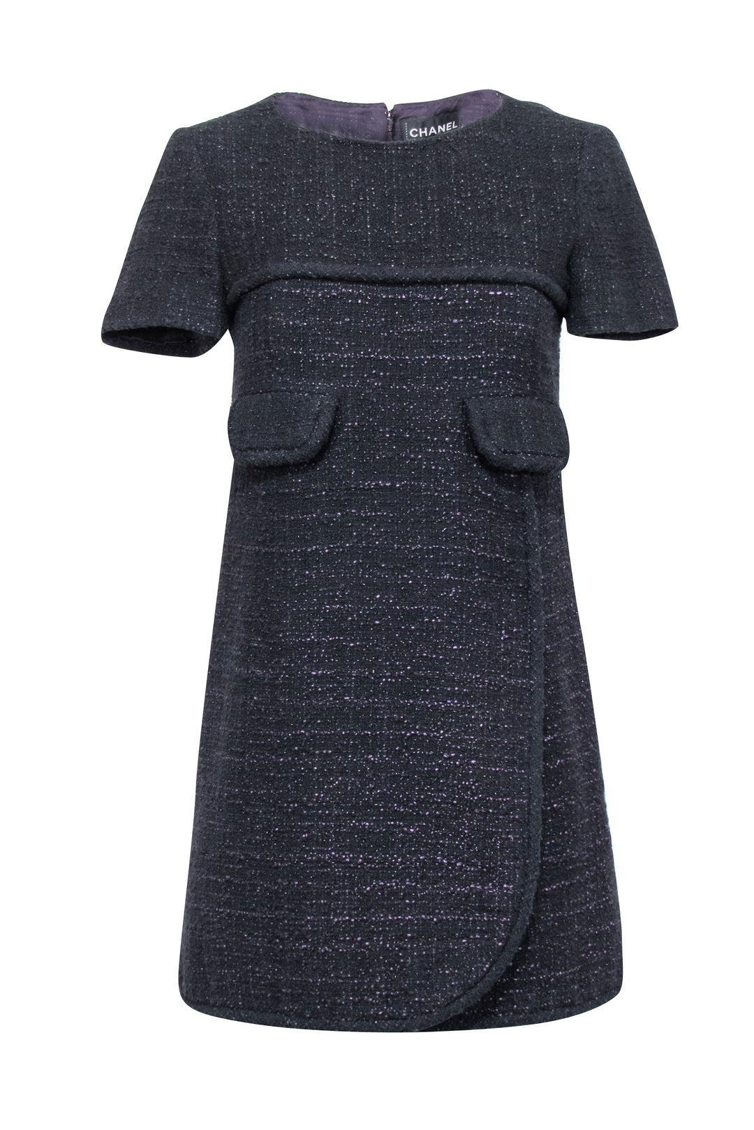 Top Quality Chanel - Black & Metallic Purple Tweed Short Sleeve Dress Sz 4