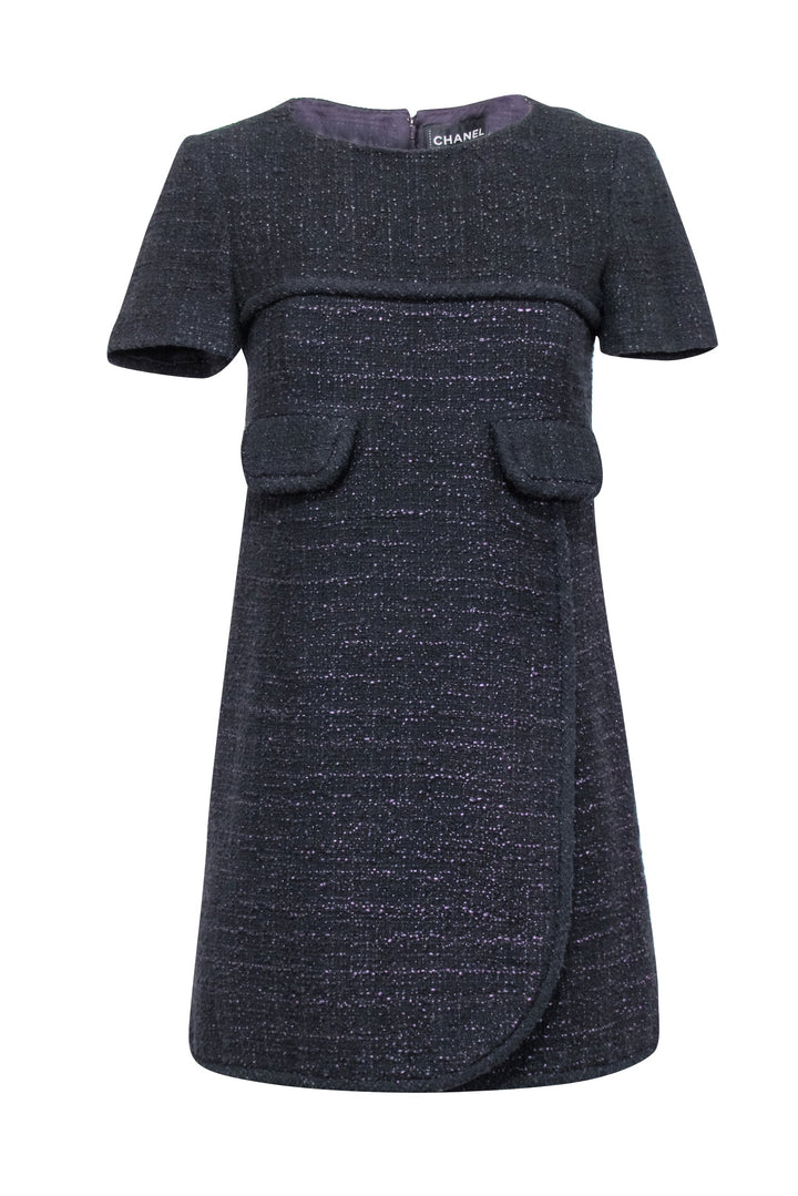 Top Quality Chanel - Black & Metallic Purple Tweed Short Sleeve Dress Sz 4