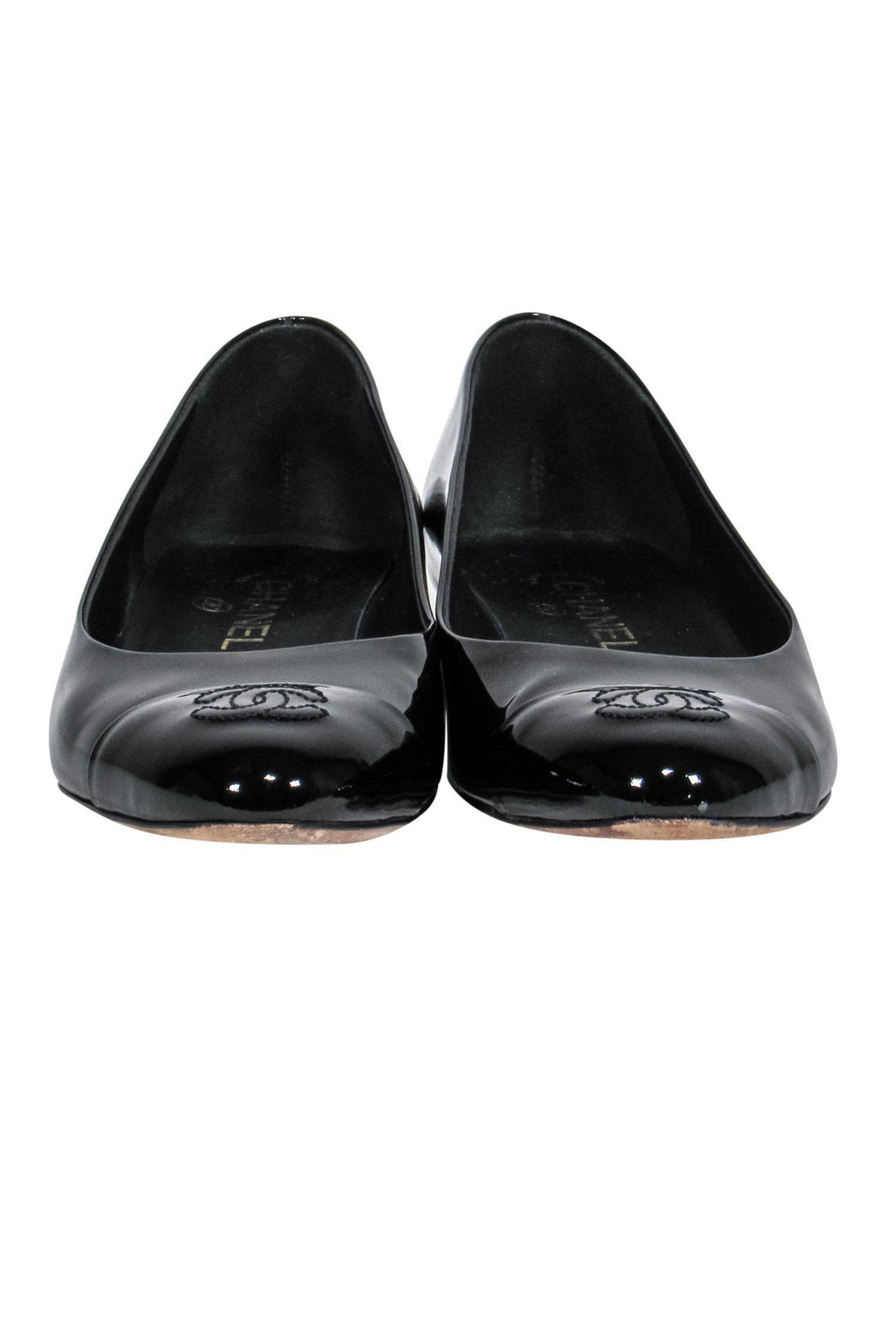 Top Quality Chanel - Black Patent Leather Flats w/ Logo Sz 7