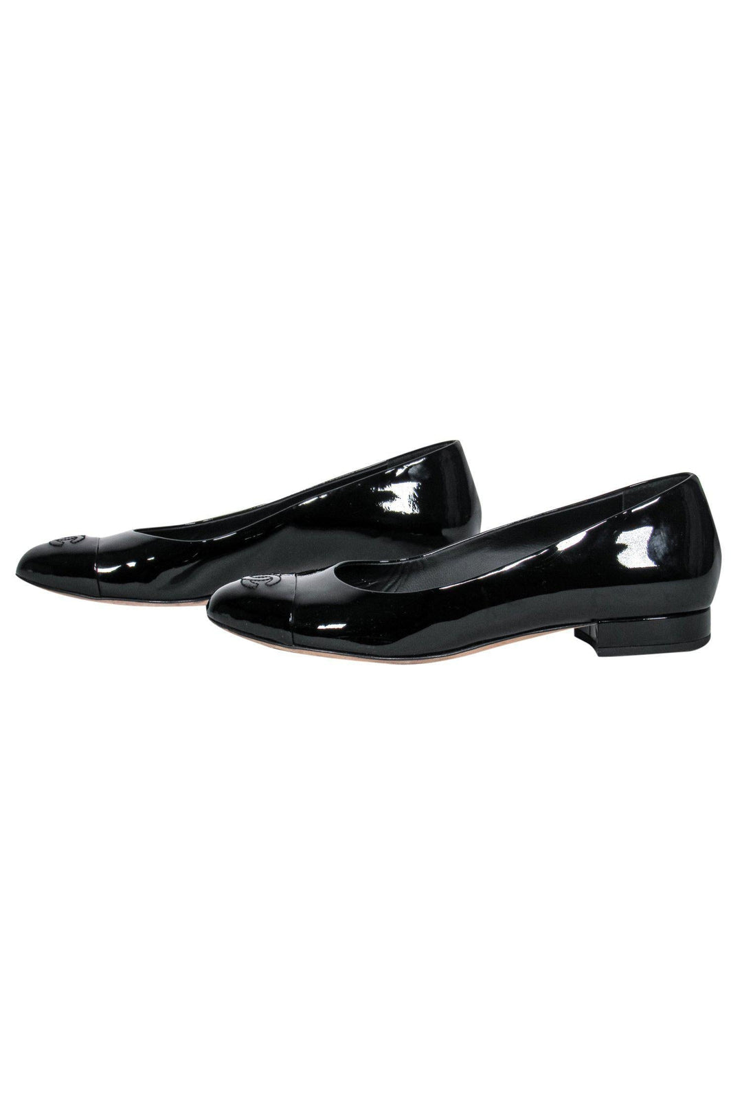 Top Quality Chanel - Black Patent Leather Flats w/ Logo Sz 7