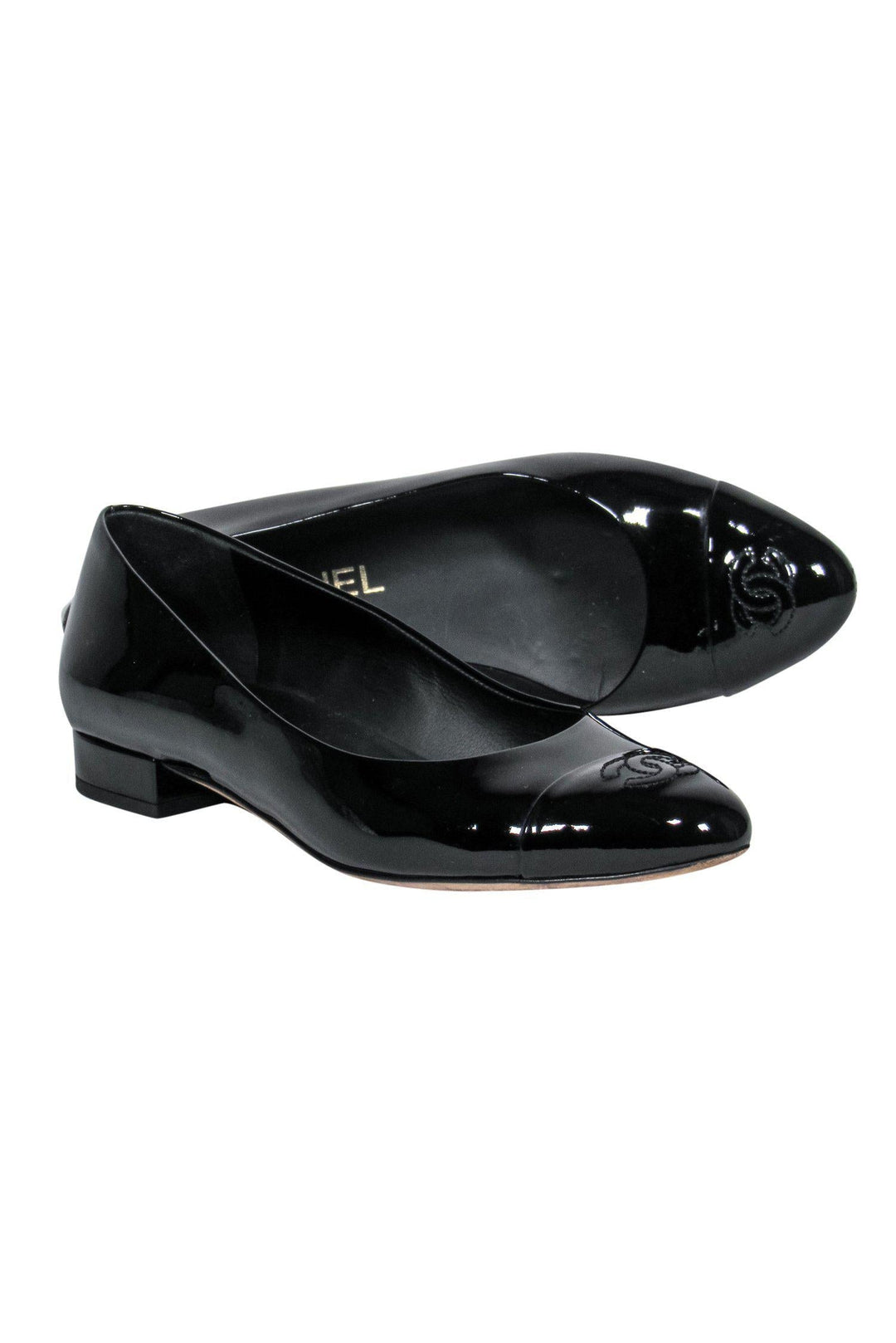 Top Quality Chanel - Black Patent Leather Flats w/ Logo Sz 7